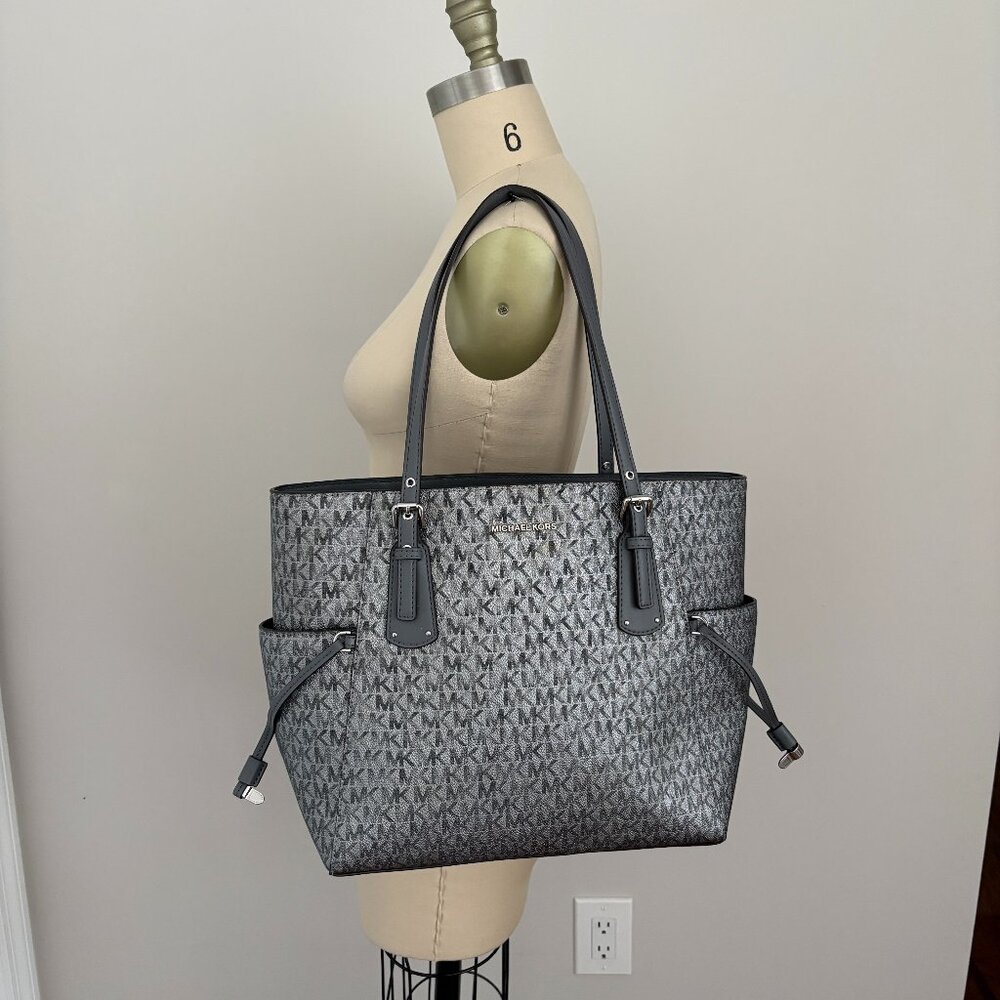 Michael Kors Voyager East/West Tote Bag Gray Metallic Silver Signature Chic